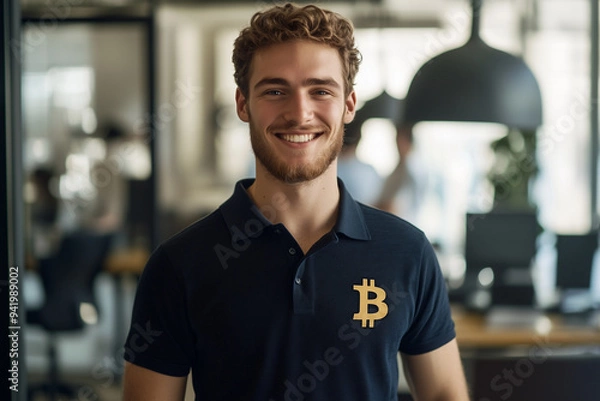 Fototapeta bitcoin sign on a polo shirt of a young man standing in an office, fit handsome smiling blond bearded professional with large smile, happy employee in corporate blockchain crypto company