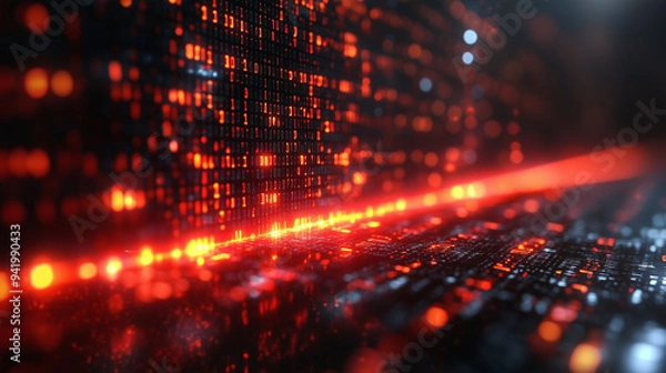 Obraz A matrix of numbers with one red line of code highlighting the point of the cyber attack.