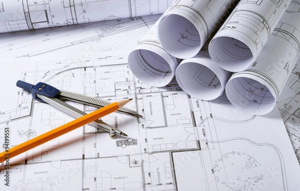 Fototapeta Plany architektury z kompasem