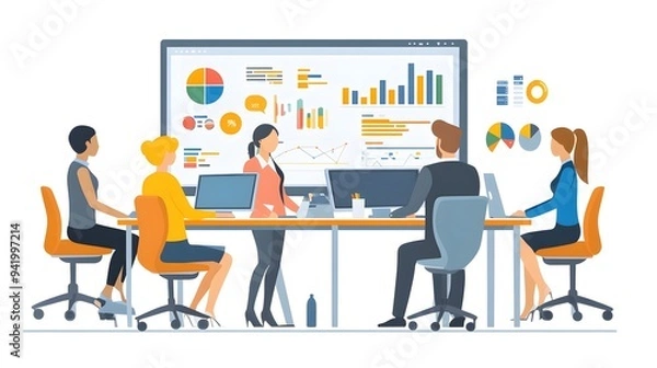 Obraz A group of people working together in front of a screen, with vector illustrations and a flat design style, against a white background