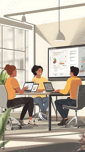 Obraz A group of people working together in front of a screen, with vector illustrations and a flat design style, against a white background
