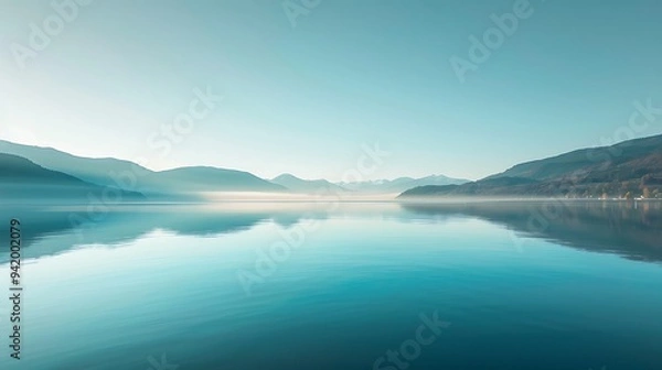 Obraz A tranquil lakeside view with smooth, glassy water mirroring the clear sky and distant mountains, creating a sense of stillness and calm