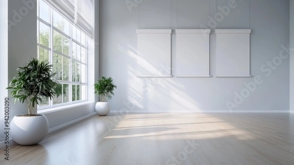 Fototapeta Spacious and bright room with large windows illuminating the space, decorated with indoor plants and minimalistic furniture, perfect for a serene environment.