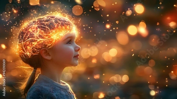 Fototapeta A young child's brain operated by artificial intelligence, with glowing neural connections.