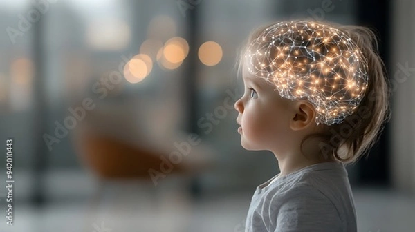 Obraz A young child's brain operated by artificial intelligence, with glowing neural connections.