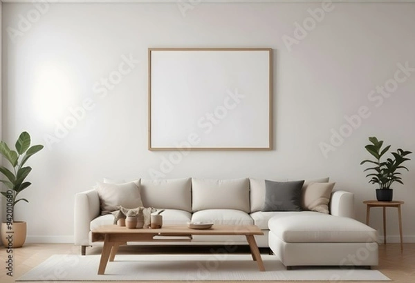 Fototapeta A minimalist living room with a beige sofa, a wooden coffee table, and a white plain frame on the wall