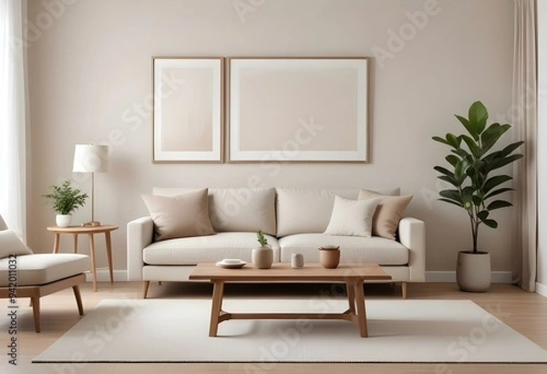 Fototapeta A minimalist living room with a beige sofa, a wooden coffee table, and a white plain frame on the wall