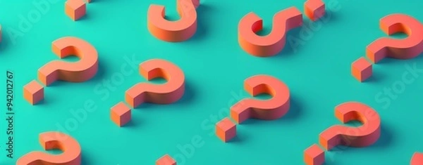 Fototapeta Minimalist 3D Isometric Composition of Orange Question Marks on a Teal Background with Simple Design Aesthetics