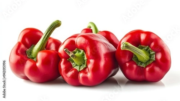 Fototapeta Four red bell peppers arranged on a white background, showcasing their vibrant color and shape.
