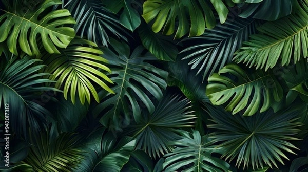 Fototapeta A lush background featuring detailed tropical leaves and foliage, perfect for summer-themed designs, travel ads, and nature-oriented projects.