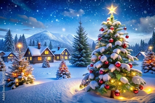 Fototapeta Bright New Year and Christmas background with a beautiful elegant Christmas tree in the center and sparkling lights