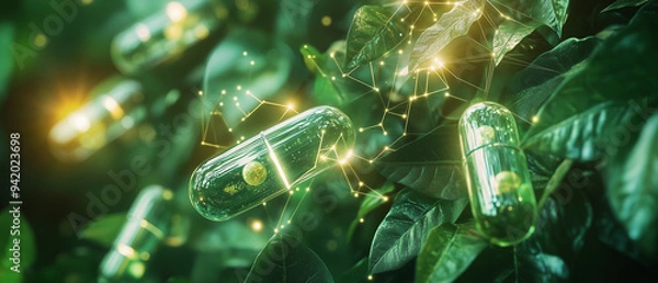 Fototapeta Green Pills with Connected Dots on Leaves