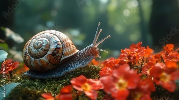 Fototapeta A snail crawls on moss and red flowers in a forest, with the sun shining through the trees.