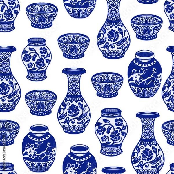 Fototapeta Seamless pattern with Chinese blue vases. Vector.