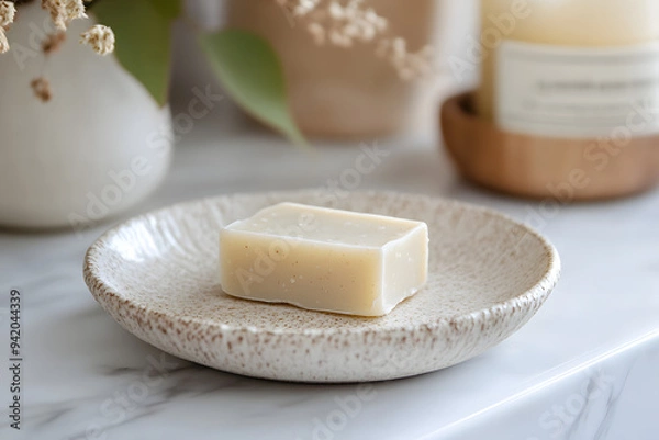 Fototapeta a ceramic soap dish with a simple, elegant design, holding a bar of handmade soap