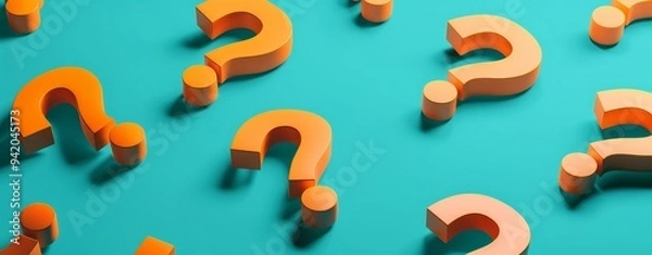 Fototapeta 3D Isometric Orange Question Marks on Teal Background: Minimalist Style with Clear and Simple Design, 64:25 Aspect Ratio