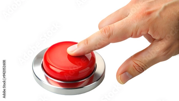 Obraz Finger pushing a bright red button, symbolizing urgency or critical action, close-up shot, transparent PNG file