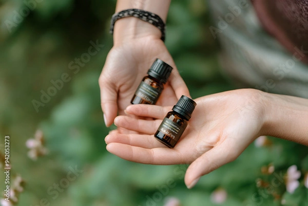 Fototapeta hands rubbing essential oils onto the wrists, with the bottle in the background