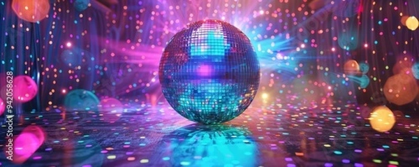 Obraz Sparkling disco ball under neon lights in lively scene