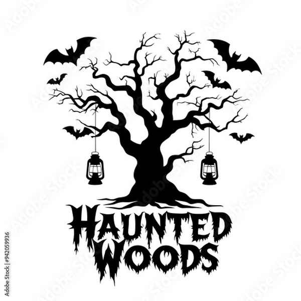 Fototapeta Spooky black and white graphic with leafless tree, lanterns, bats, and "HAUNTED WOODS" text in jagged font, chilling design, generative ai