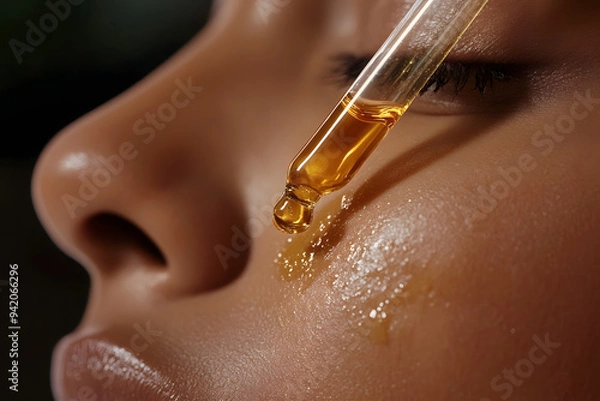 Obraz a hand holding a luxurious face oil, with the dropper releasing a golden drop onto the skin