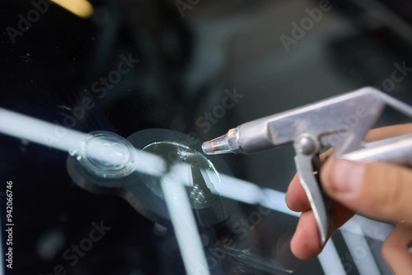 Fototapeta Installing windshield on a car with automotive design
