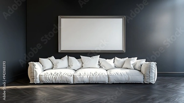 Fototapeta An elegant living space with a white linen sofa and an oversized empty silver frame on a charcoal wall.