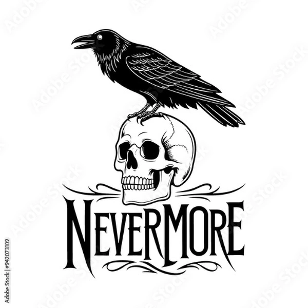 Fototapeta Detailed Black and White Raven on Human Skull with Gothic 'NEVERMORE', Dark Macabre Illustration, generative ai