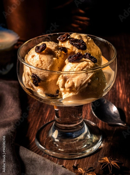 Fototapeta Homemade ice cream with rum and raisins.