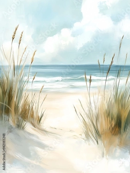 Fototapeta beach scene grass sand dunes gorgeous soft focus study stunningly precise brush strokes princess oceans painted thin