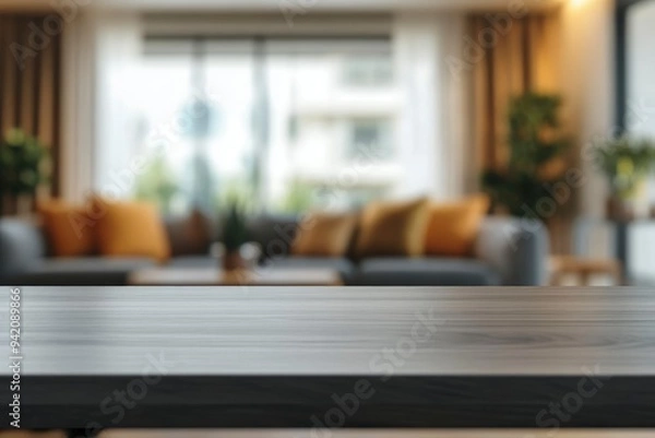 Fototapeta Empty mockup space on a tabletop with a blurred comfortable living room as a background with generative ai