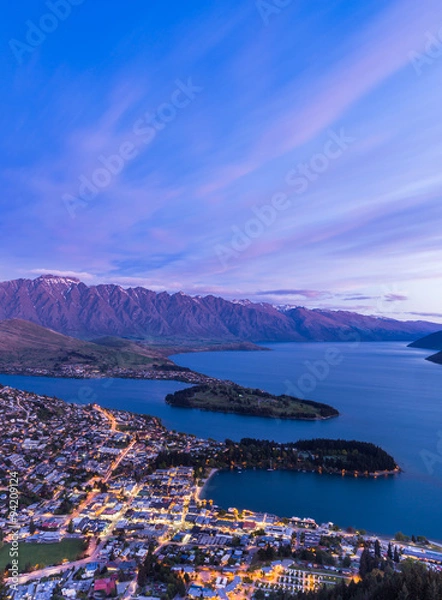 Fototapeta Queenstown aerial view at twilight.