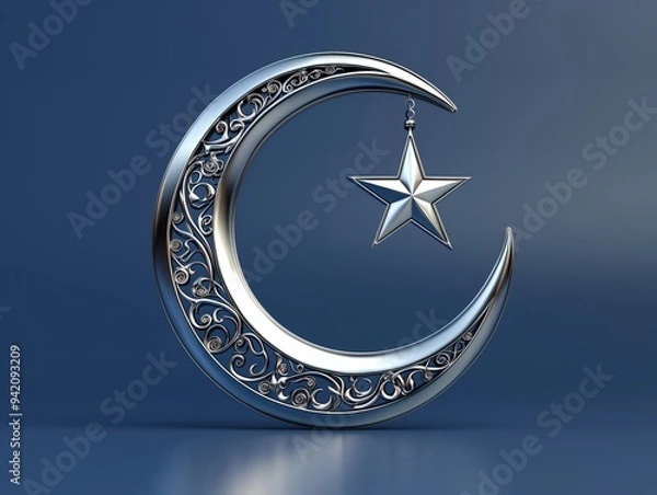 Obraz Intricate silver crescent moon with a detailed star on a blue background, celestial art

