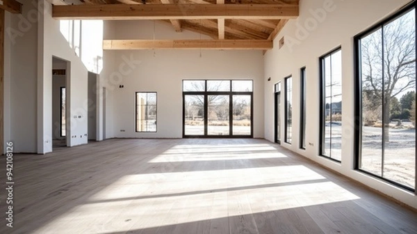 Fototapeta A well-lit, spacious modern room featuring large windows and wooden ceiling beams, allowing natural light to flood the interior, creating a bright and welcoming space.