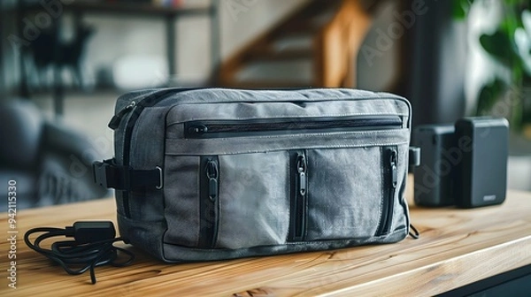 Obraz Stylish Gray Tech Bag on a Wooden Table in a Modern Living Space