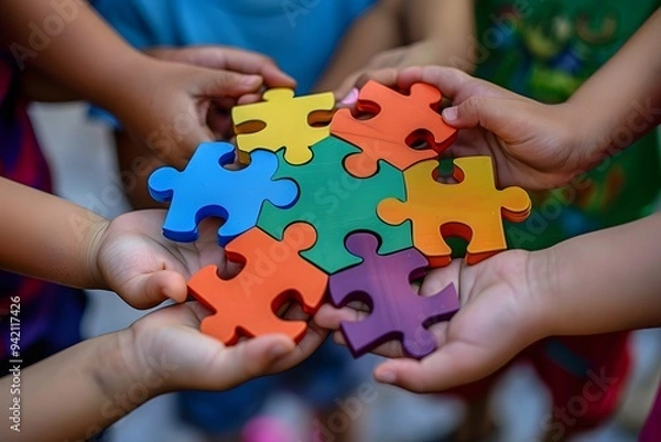 Obraz Collaborative Play: Children Joining Puzzle Pieces Together
