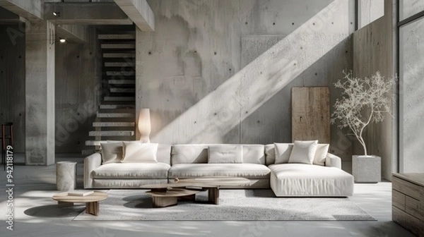 Fototapeta Modern living room with minimalist design, featuring a large sofa and natural light.