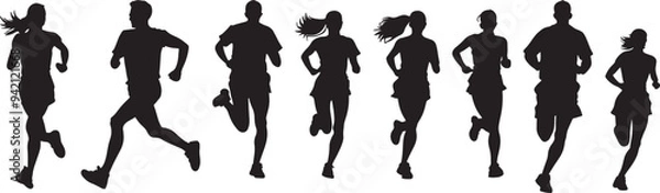 Fototapeta  set of vector silhouette of running people white background