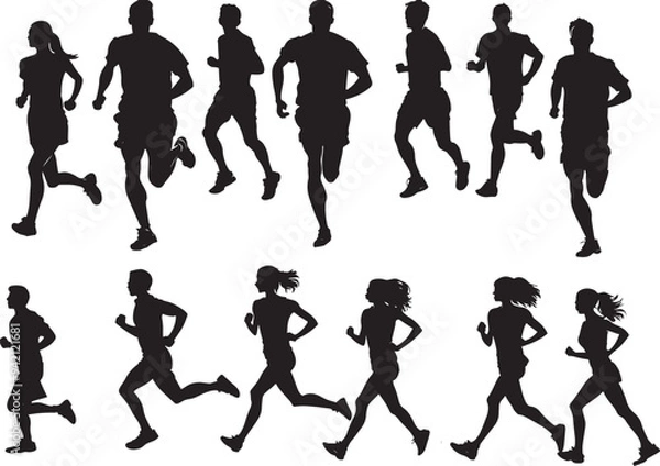 Fototapeta  set of vector silhouette of running people white background