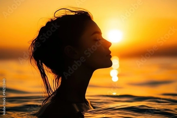 Fototapeta Silhouette of a woman standing in the sea at sunset, during the golden hour, with a romantic and dreamy atmosphere Generative AI