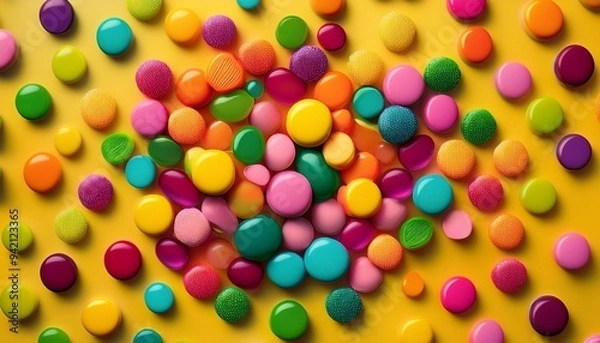 Fototapeta small round candies of different colors scattered on the table on a bright background, top view
