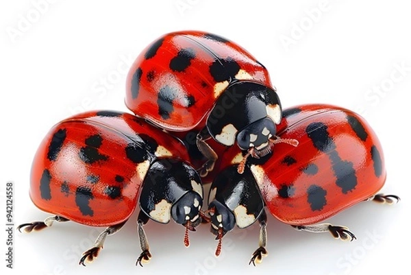 Obraz A Trio of Vibrant Ladybugs in Close-Up