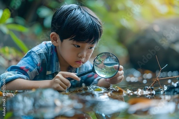 Obraz Curious Child Exploring Nature with a Magnifying Glass by a Stream