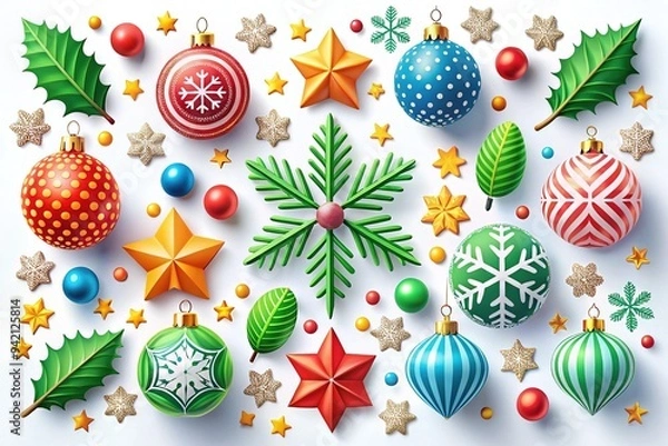 Fototapeta Vibrant digital illustration of festive holiday icons, including snowflakes, ornaments, and holly leaves, in bold colors and geometric shapes on a bright white background.