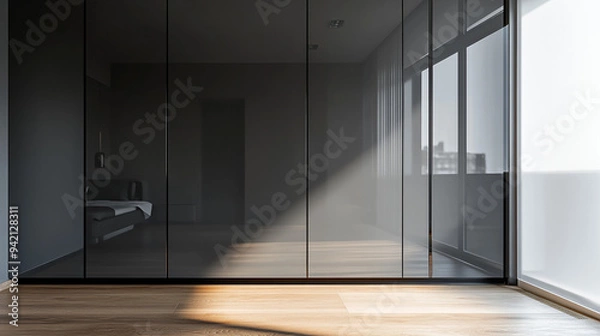 Fototapeta Modern interior of a minimalist room with large windows and wooden flooring bathed in sunlight during the day