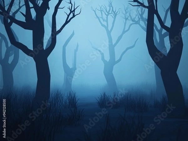 Fototapeta Mysterious Low-Poly Haunted ForestDark and Eerie Atmosphere at Dusk