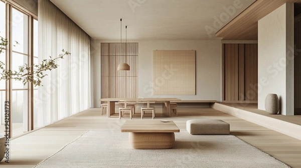 Fototapeta Minimalist interior design of a serene living space featuring natural wood elements and soft light during the day