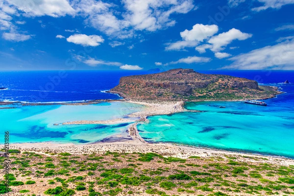 Fototapeta Balos lagoon, Crete island, Greece: Panoramic view of Balos Lagoon, Gramvousa island and Cap Tigani in the center