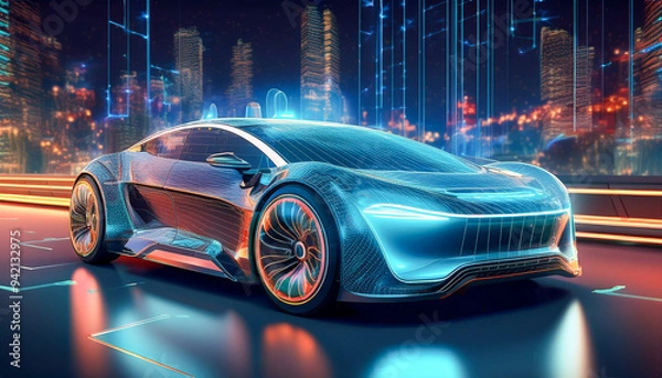 Fototapeta A luxury autonomous car featuring a sleek, AI-powered interface that projects holographic navigation, offering a futuristic driving experience with advanced technology and comfort
