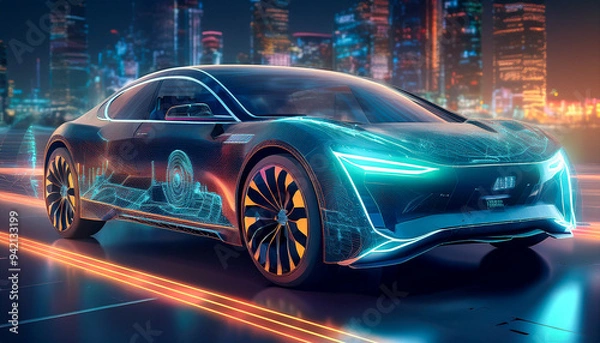 Obraz A luxury autonomous car featuring a sleek, AI-powered interface that projects holographic navigation, offering a futuristic driving experience with advanced technology and comfort